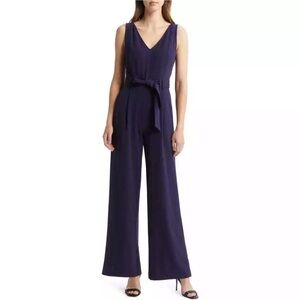 Tahari ASL Navy Women Jumpsuit Size 6 Tie Waist Sleeveless Crepe V Neck Wide Leg